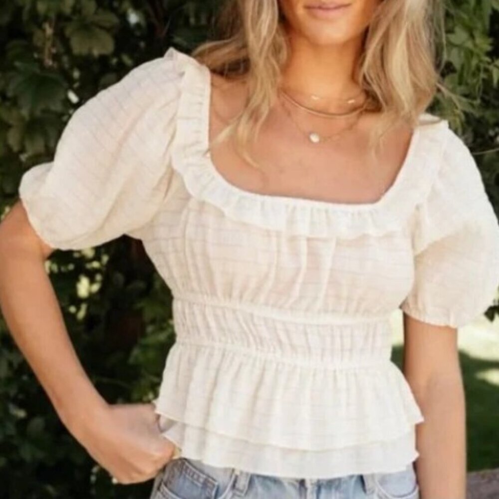 LUSH Cream Smocked Peplum Crop Top Medium Cottagecore Boho